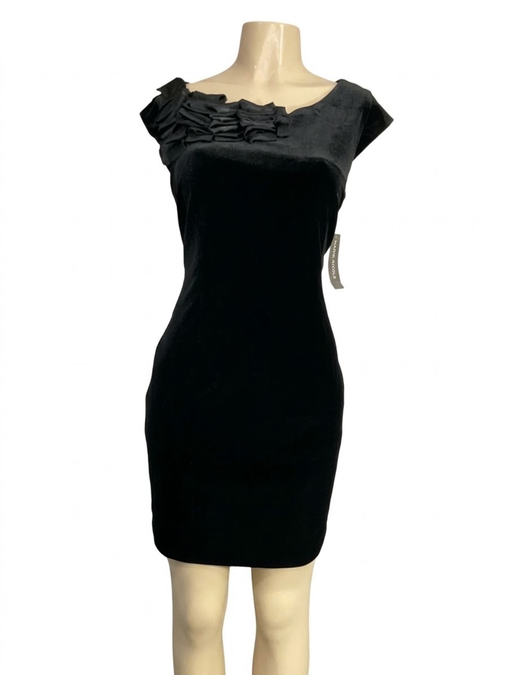 Ronni Nicole Black Cap-Sleeve Mini Dress with Ruffle Detail